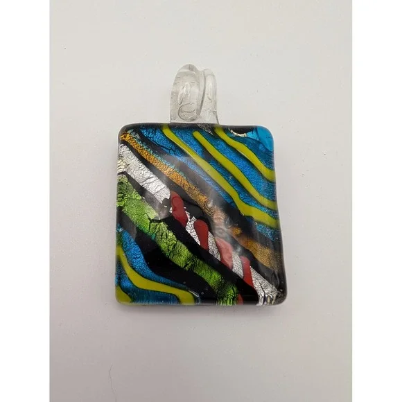 Murano Style Art Glass Pendant Multicolor Striped Square Women Jewelry Artsy - Picture 2 of 4
